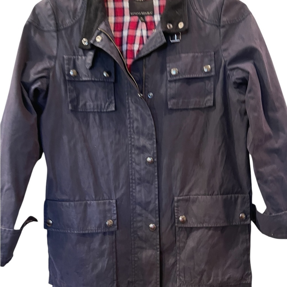 Banana Republic Womens Jacket Blue Waxed Canvas Corduroy Collar Barn Coat Medium - Picture 3 of 7